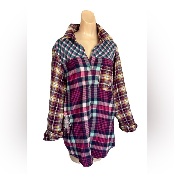 Blair Tops - Blair FloralEmbroidered Plaid Flannel Women Med